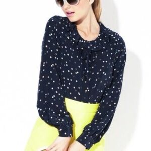 Kate Spade • Lynette Blouse silk polka dot navy blue ruffle collar bow tie neck